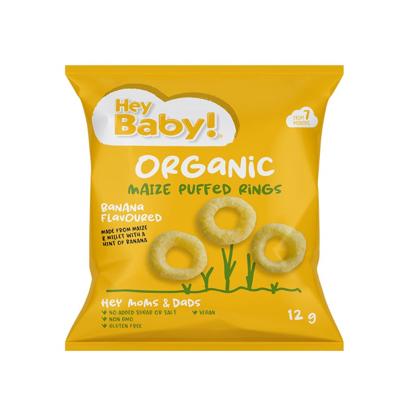 Hey Baby Organic Maize Puffed Rings Banana Flavoured, 12g